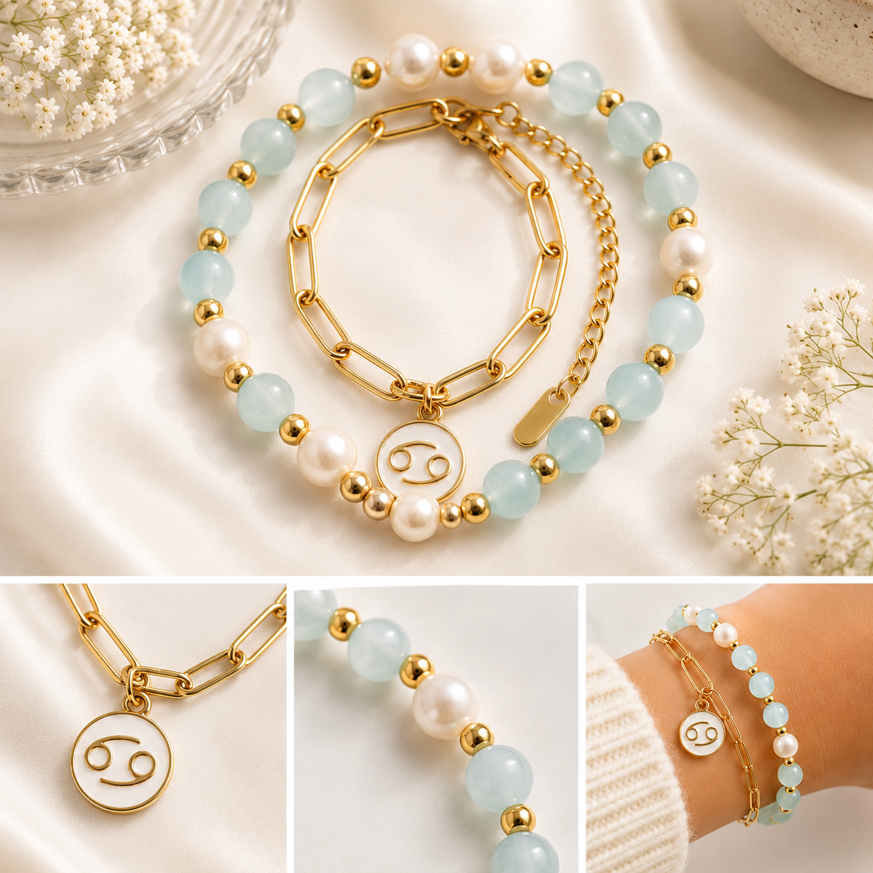 Cancer Zodiac Bracelet Set – Aqua Jade & Pearl | Gold Layered Bracelet