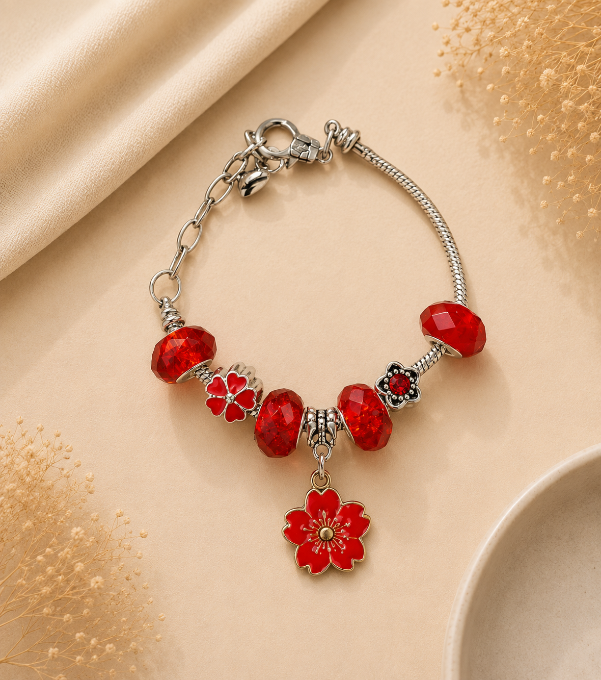 Scarlet Blossom European charm Bracelet